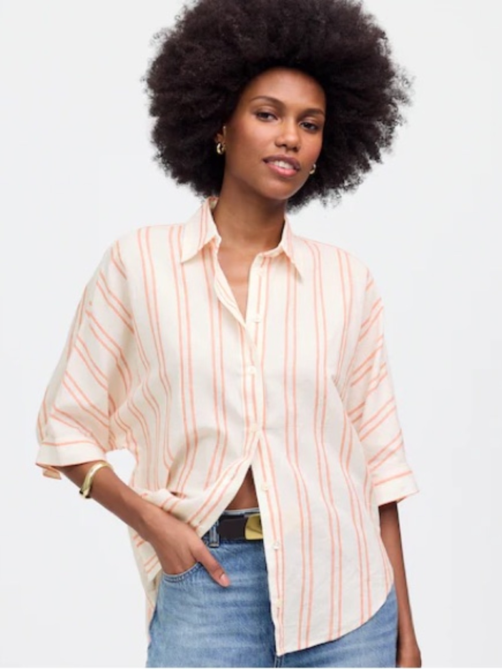 Madewell NWT Oversized Pleated Sleeve Button Up Shirt Sz XXS Bright Flame Stripe